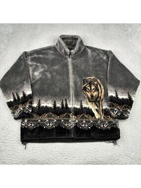 Vintage Bear Ridge Outfitters Wolf Print Fleece Jacket Men’s M Fits XL Gray USA